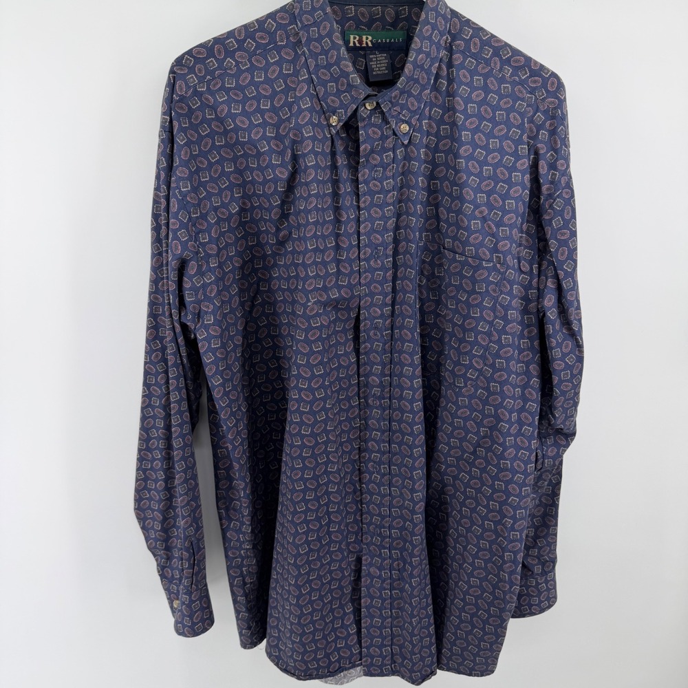 R&R Casuals Mens Large Navy Blue Geometric‎ Medallion Print Cotton Button Down